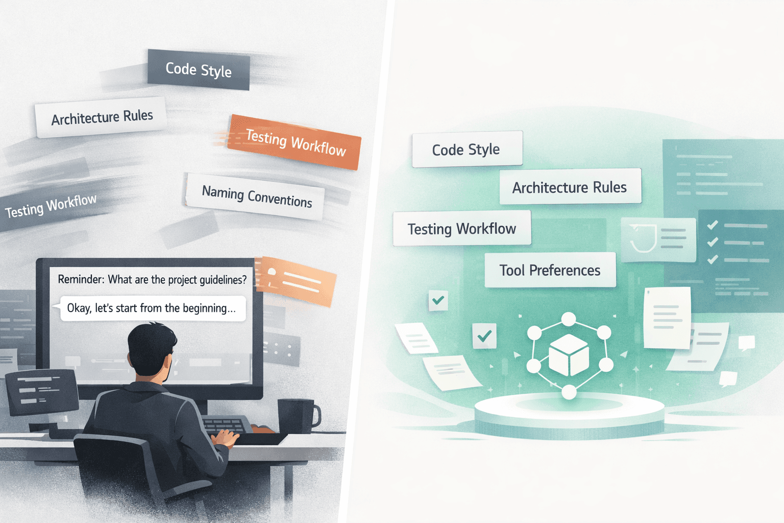 Editorial illustration showing a developer reopening an AI coding session while project knowledge drifts away on one side and stable shared project rules remain organized on the other.
